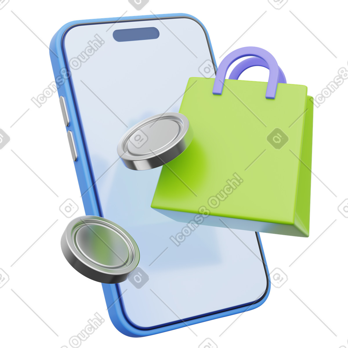 Pagamento tramite cellulare, telefono con borsa verde e pulsante di pagamento, procedura illustrazione in stile 3D Playful scarica in PNG, SVG