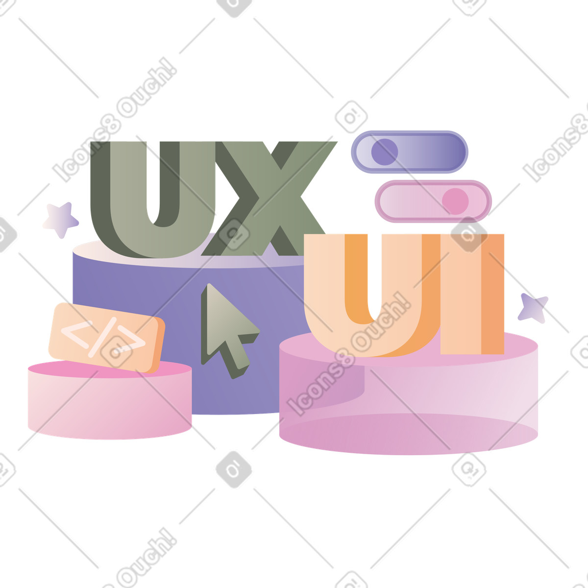 Lettering UX/UI with cursor, code sign and buttons text illustration in Coworking style download in PNG, SVG