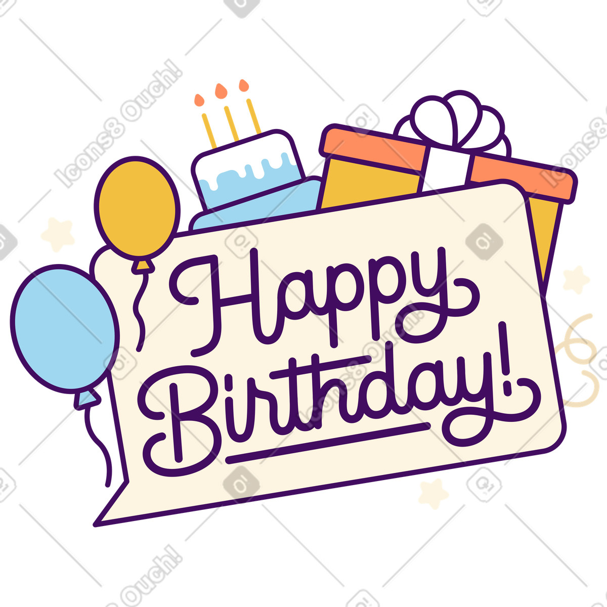 Ilustración Birthday greeting with cake and balloons, wishes or party event announcement en estilo Simplistic a descargar en PNG y SVG