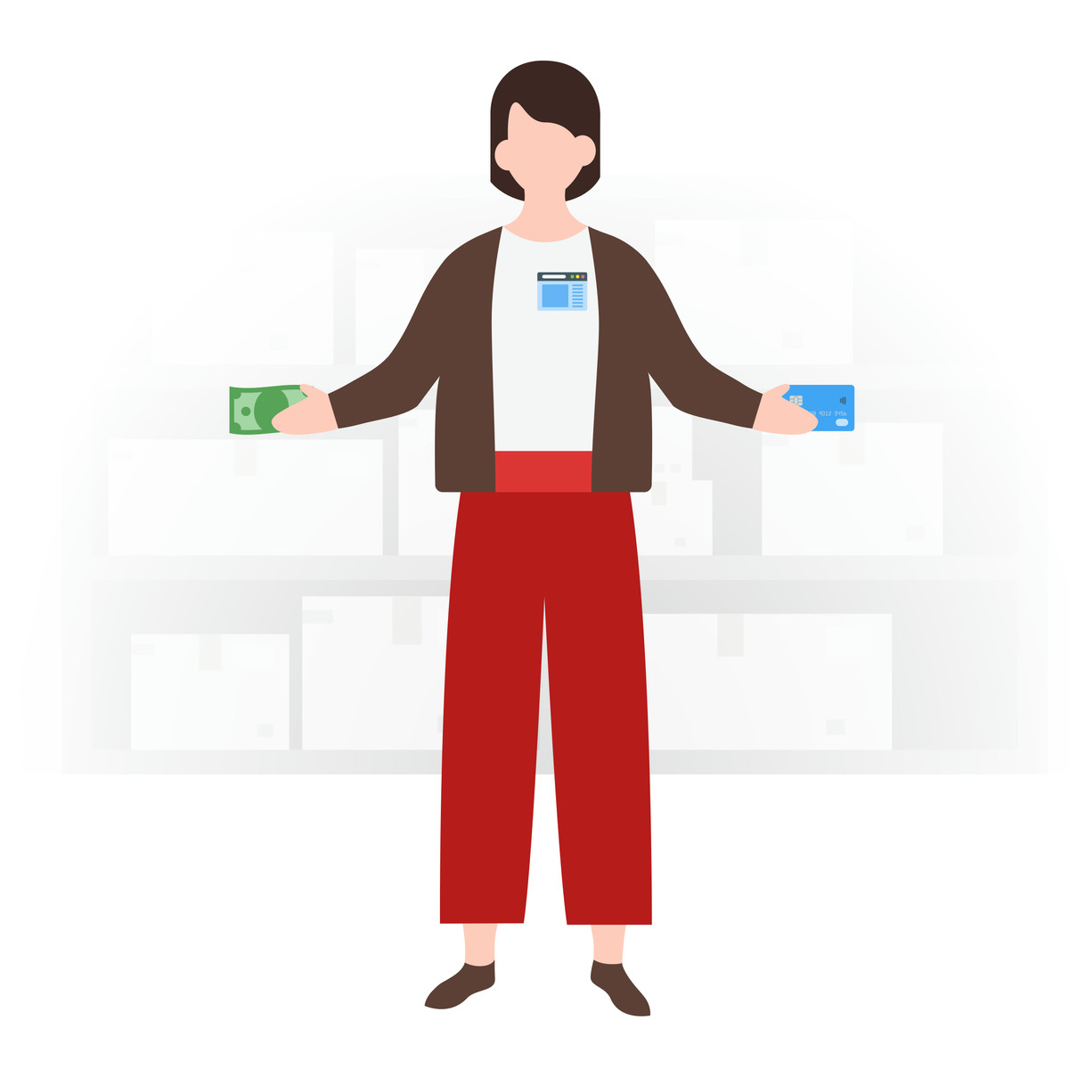 Illustration Woman holding credit card and banknote dans le style Fogg à télécharger aux formats PNG, SVG