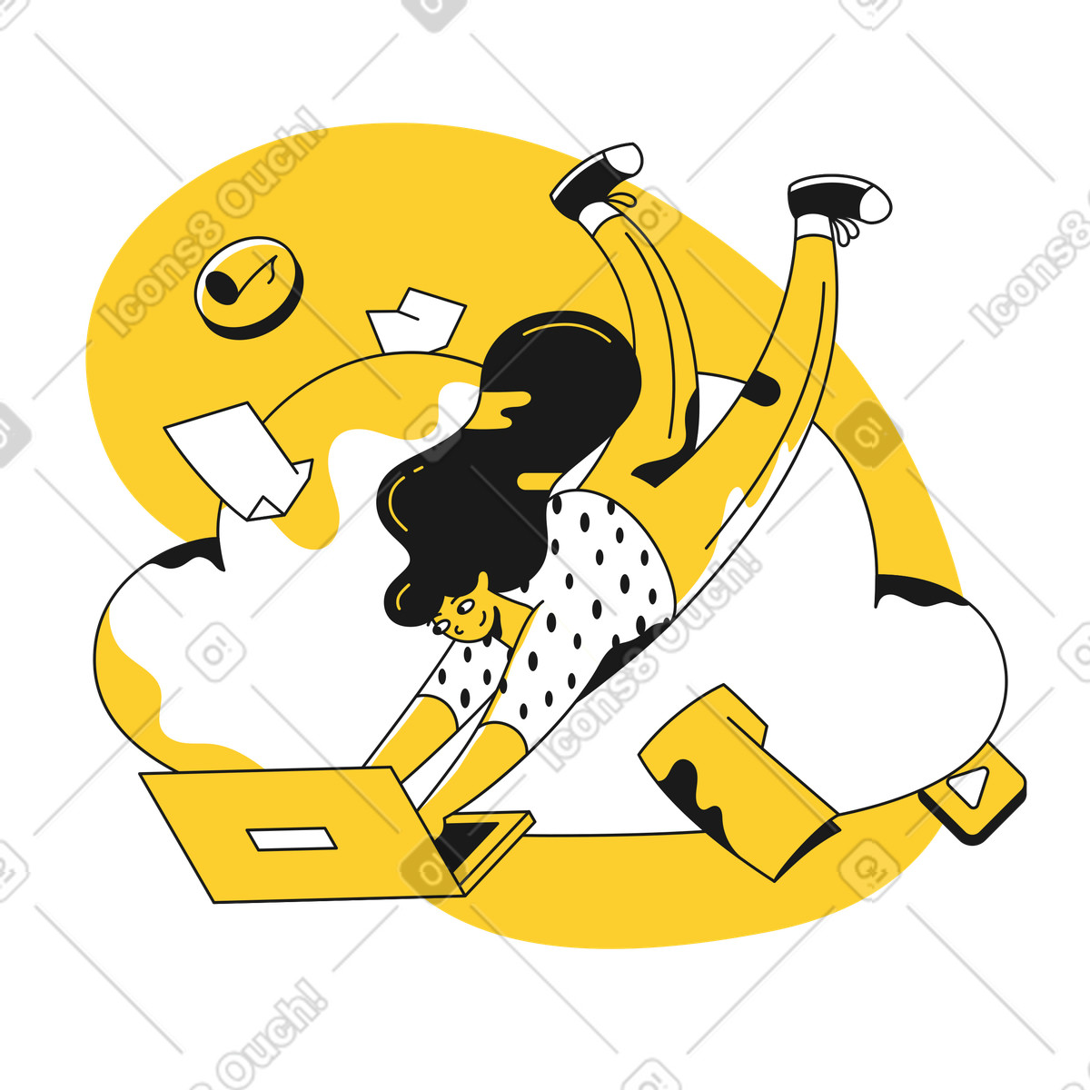 Illustration Femme volant et travaillant dans les services cloud sur son ordinateur portable le style Taxi à télécharger aux formats PNG, SVG
