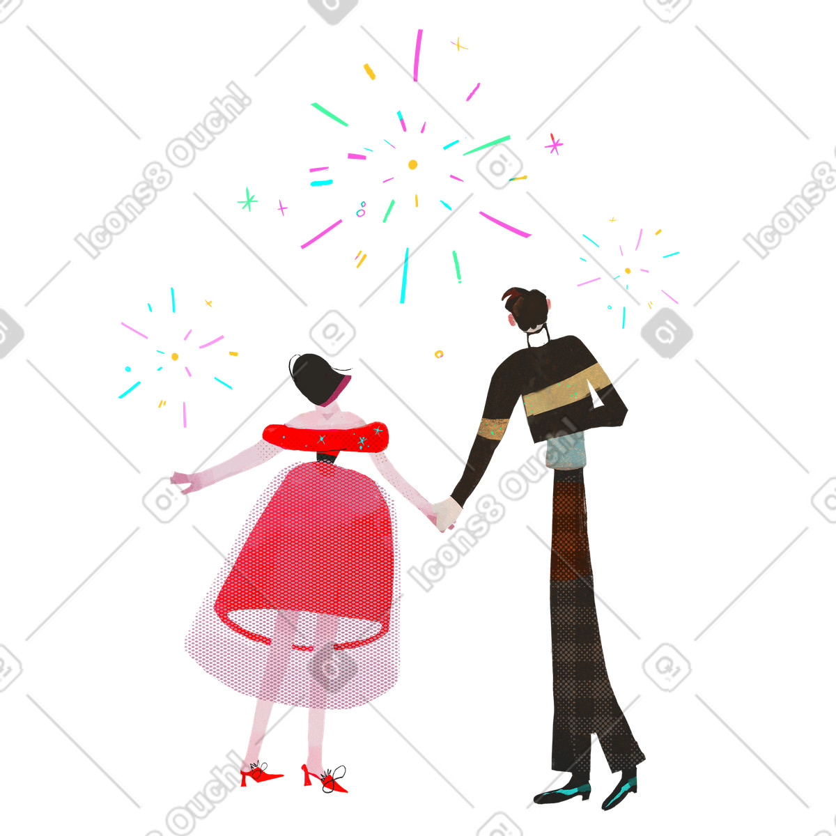 Ilustração de Couple holding hands watching fireworks, Festive countdown and New Year celebration em no estilo Fabulous para baixar em PNG, SVG