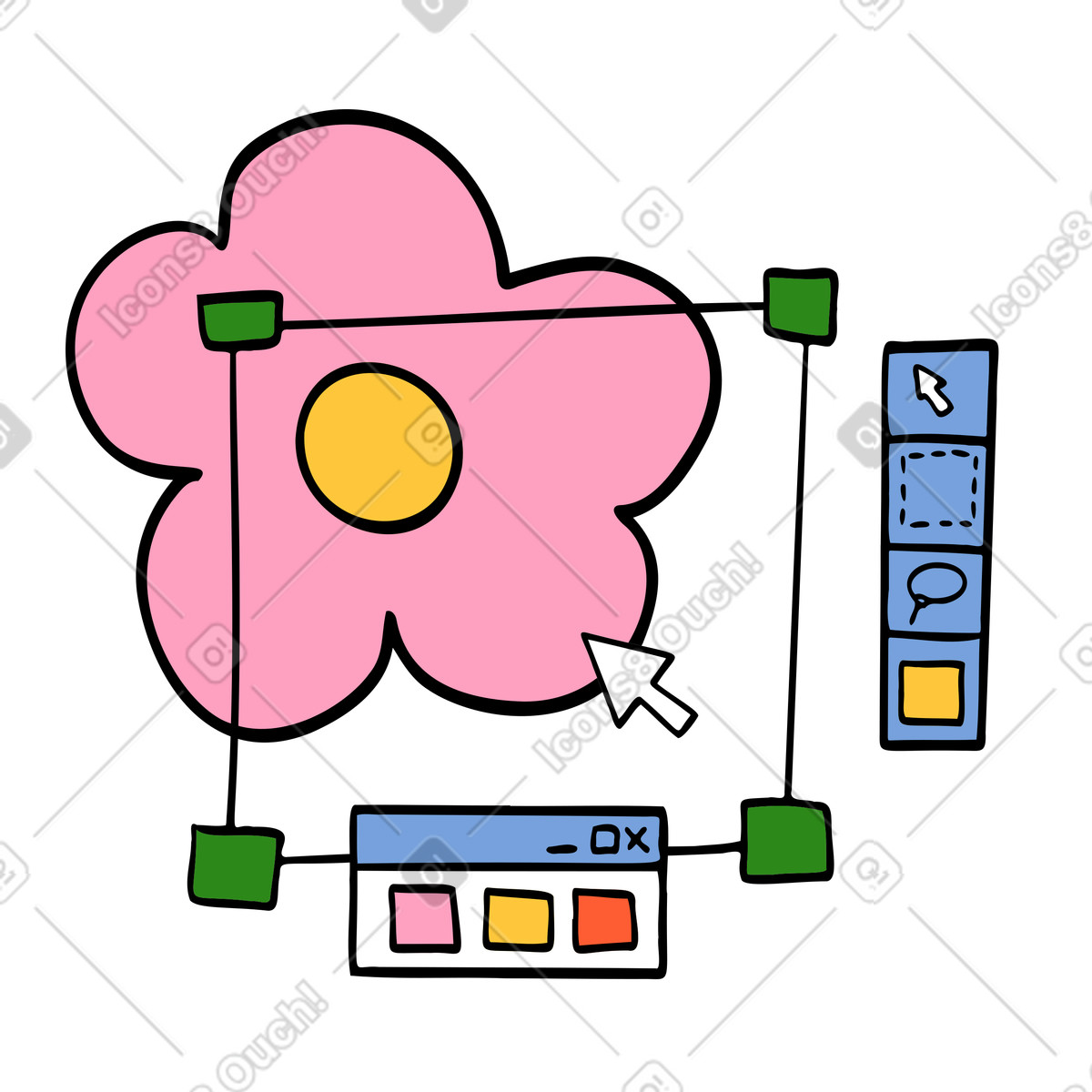 Ilustración Interfaz de software diseño gráfico en estilo Comic a descargar en PNG y SVG