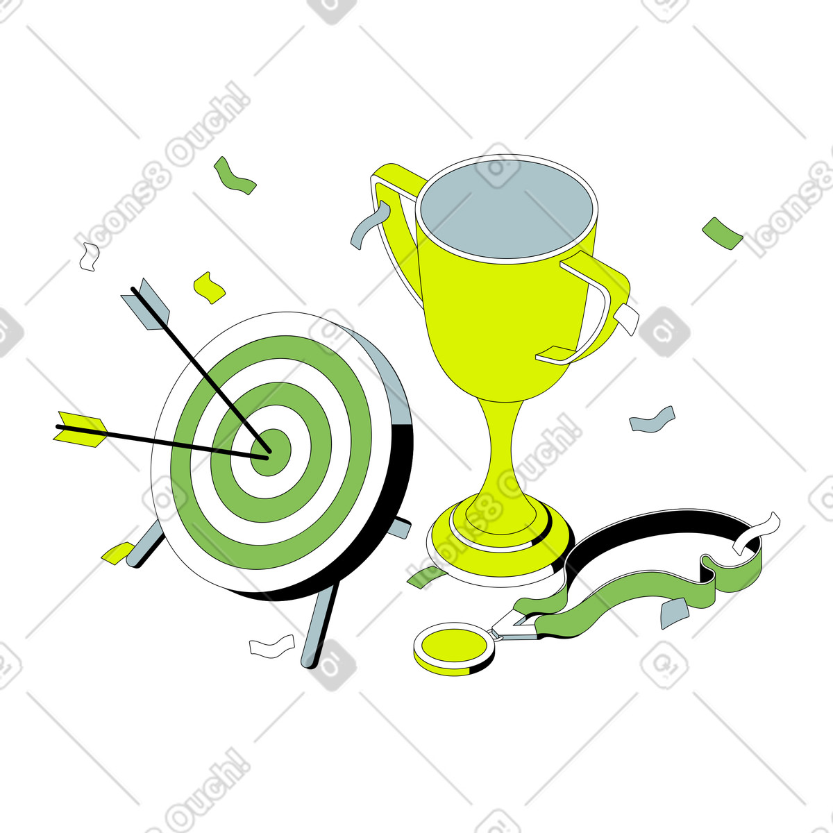 Trophy, medal and arrow in the target center illustration in PNG, SVG
