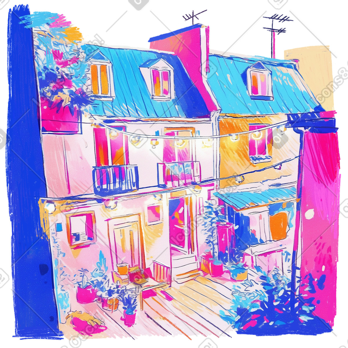 Pencil drawing of cozy house courtyard with string lights illustration in Fuchsia style download in PNG, SVG