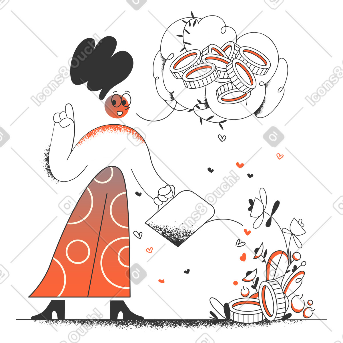 Woman watering a growing money plant illustration in PNG, SVG