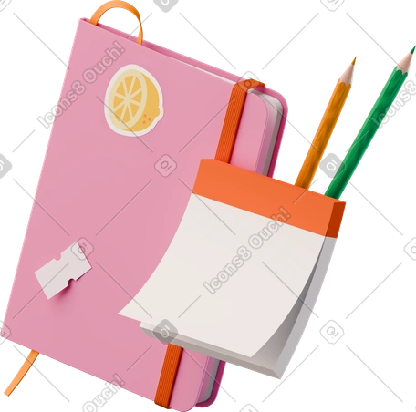 3D isometric view of notebook with stickers notes and pencils PNG, SVG