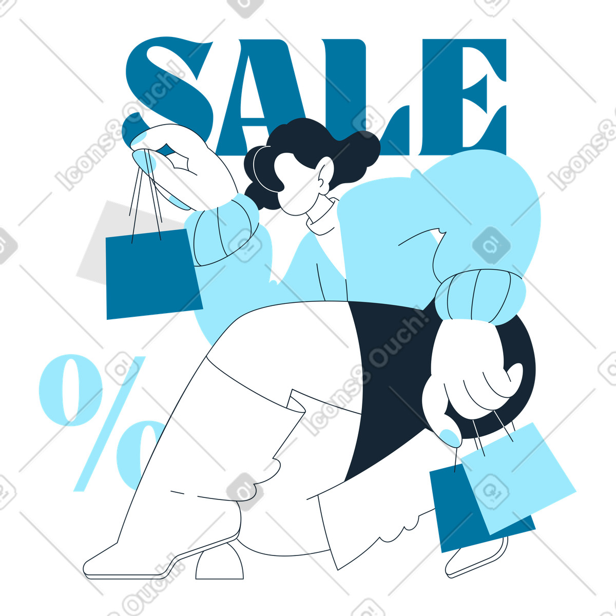 Shopper holding purchases in front of sale lettering, Seasonal store deals or Black Friday promo illustration Indigo style download PNG, SVG