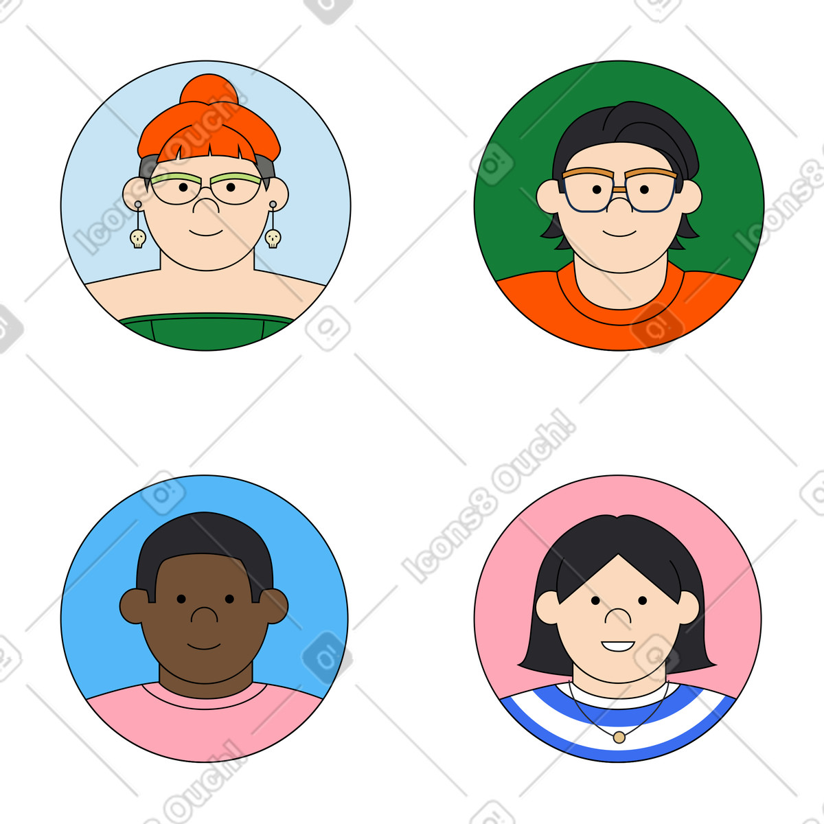 Set di avatar maschili e femminili illustrazione in stile Kindy scarica in PNG, SVG