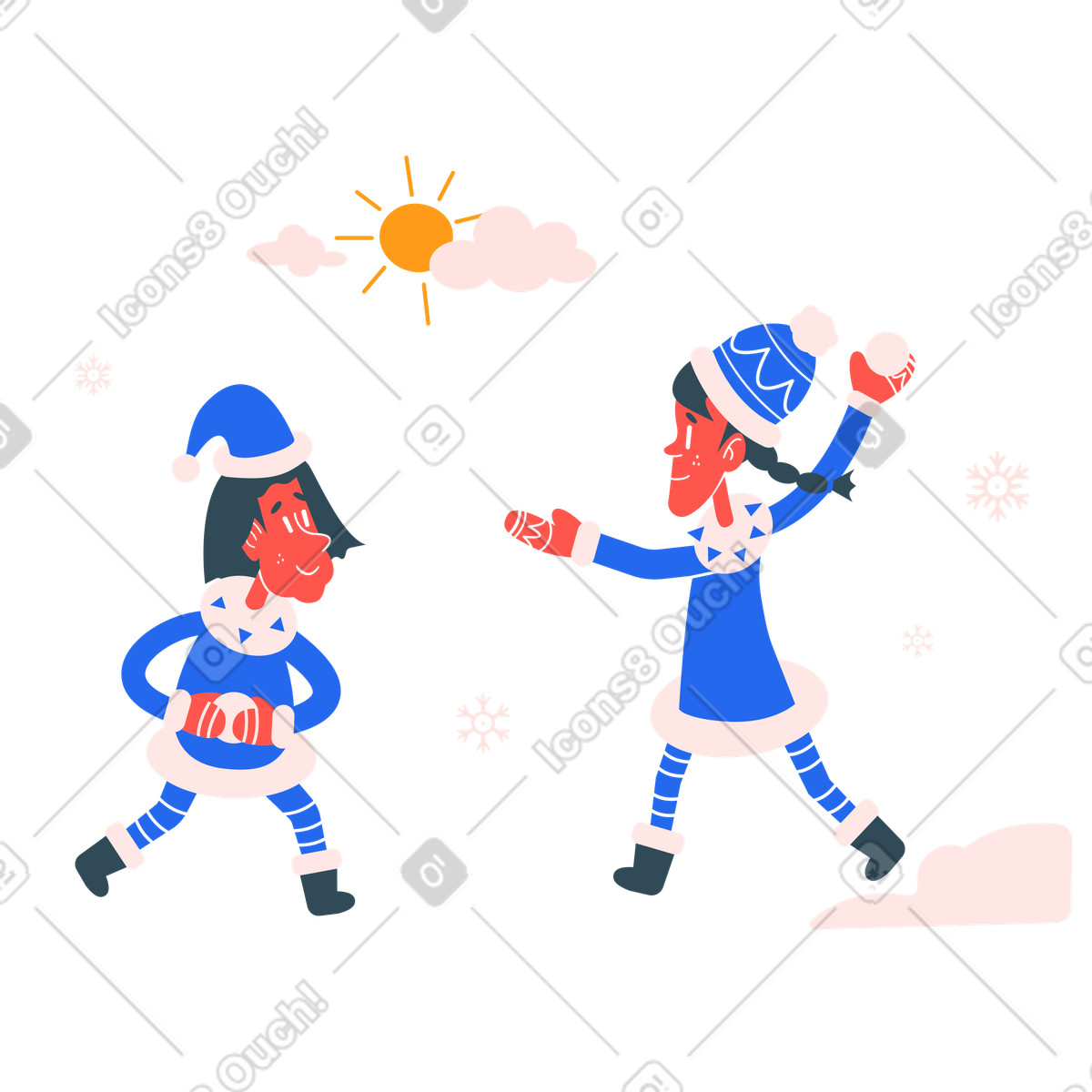 Freunde spielen schneebälle im sonnigen winter-Illustration Kingdom-Stil als Download in PNG, SVG