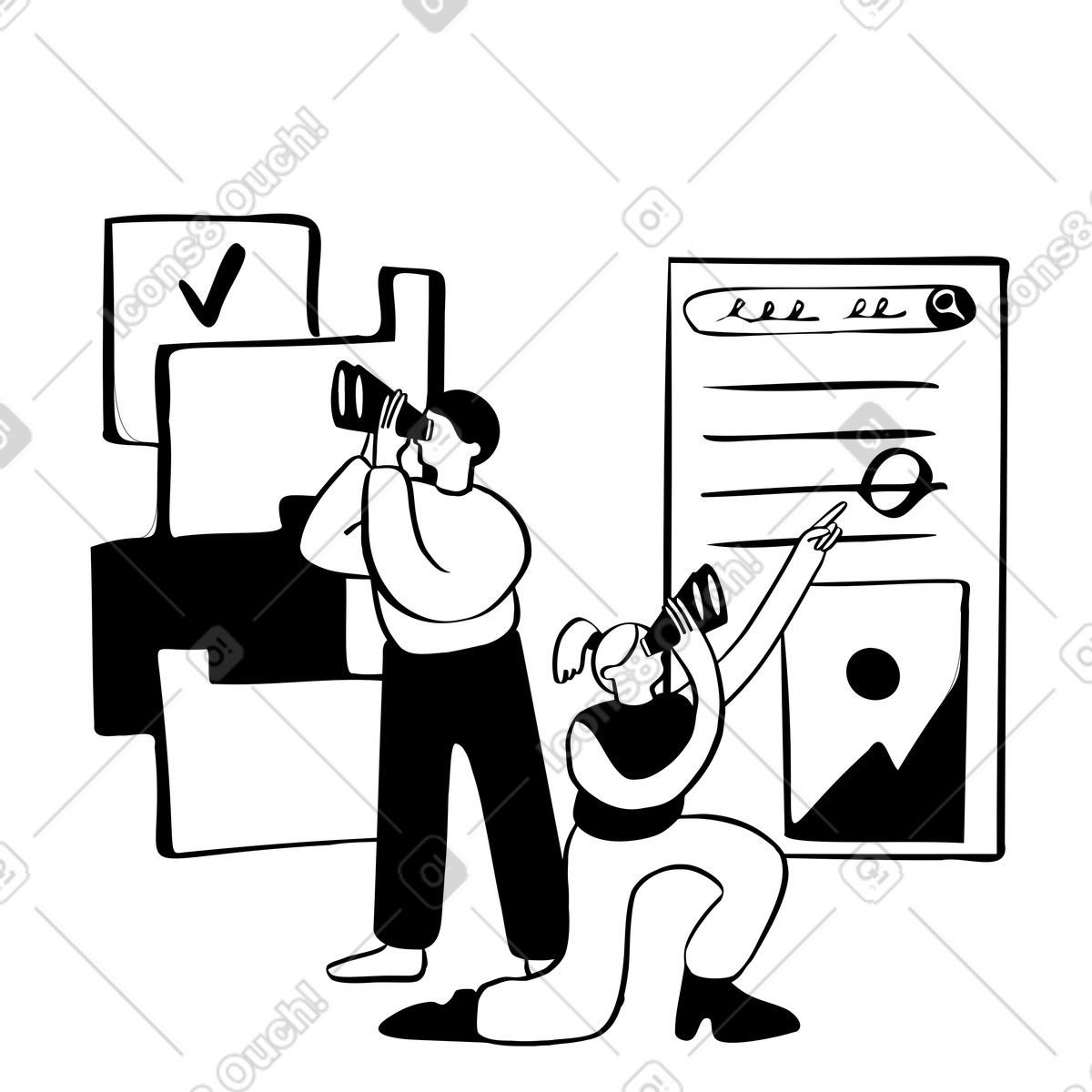 Illustration Personnes recherchant des informations en ligne dans le style Journal à télécharger aux formats PNG, SVG