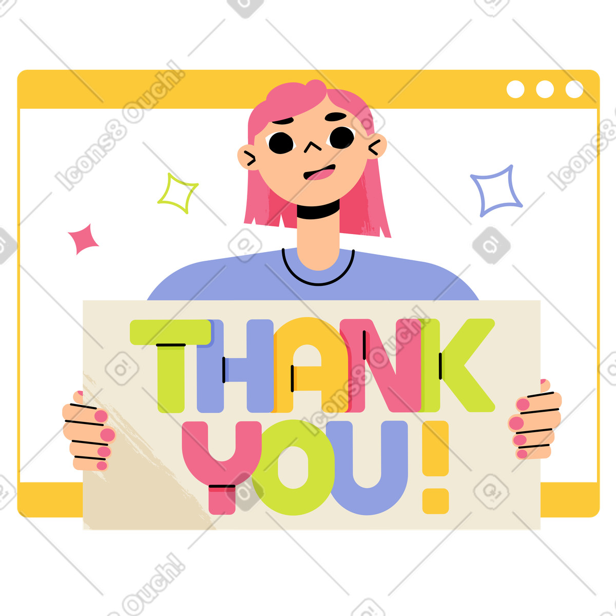 Ilustração de Smiling with thank you sign in hands, Online gratitude message em no estilo Juicy para baixar em PNG, SVG