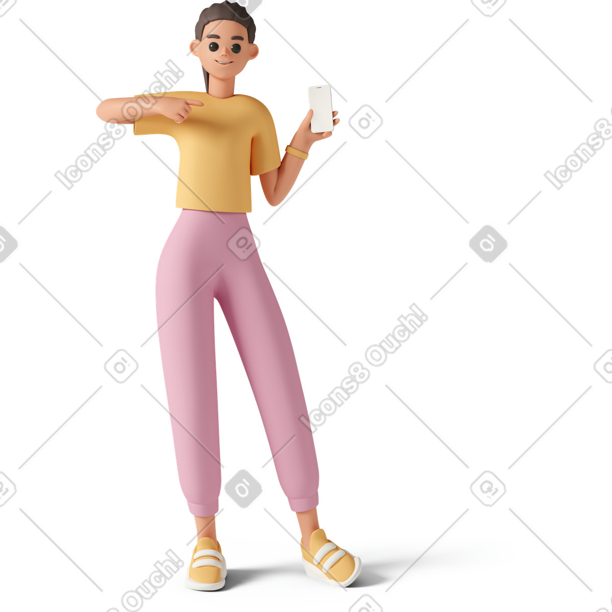 3D Casual life スタイルの Young woman standing and pointing at her phone のイラストをPNG、SVG形式でダウンロード