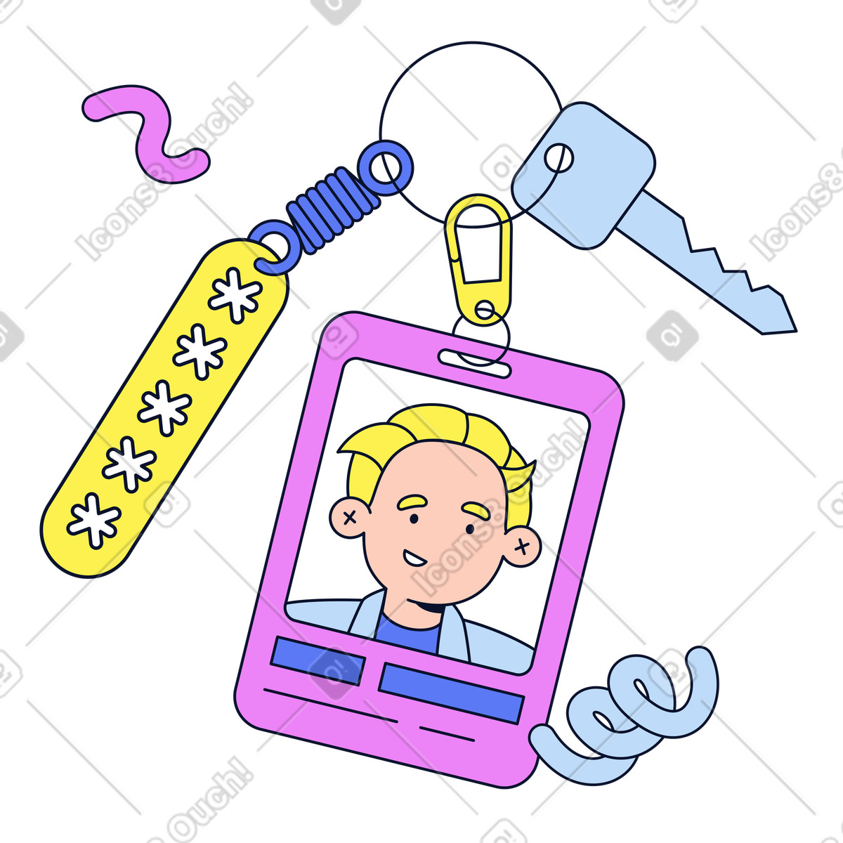 Keychain with ID card, password and key, Digital identity access management, verification for secure illustration in Flexy style download in PNG, SVG