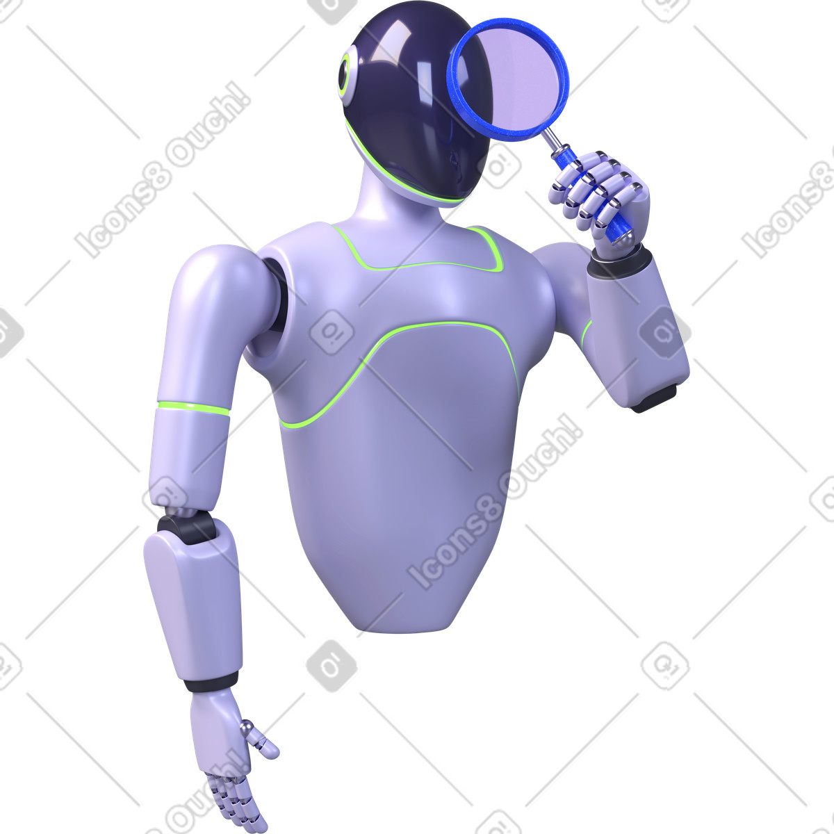 Ai robot with magnifying glass, artificial intelligence analysis, digital search assistant illustration in 3D Boost style download in PNG, SVG