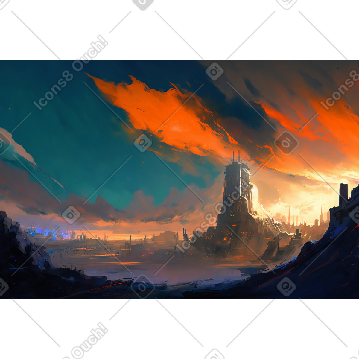 Landscape of futuristic city background illustration in Experimental style download in PNG, SVG