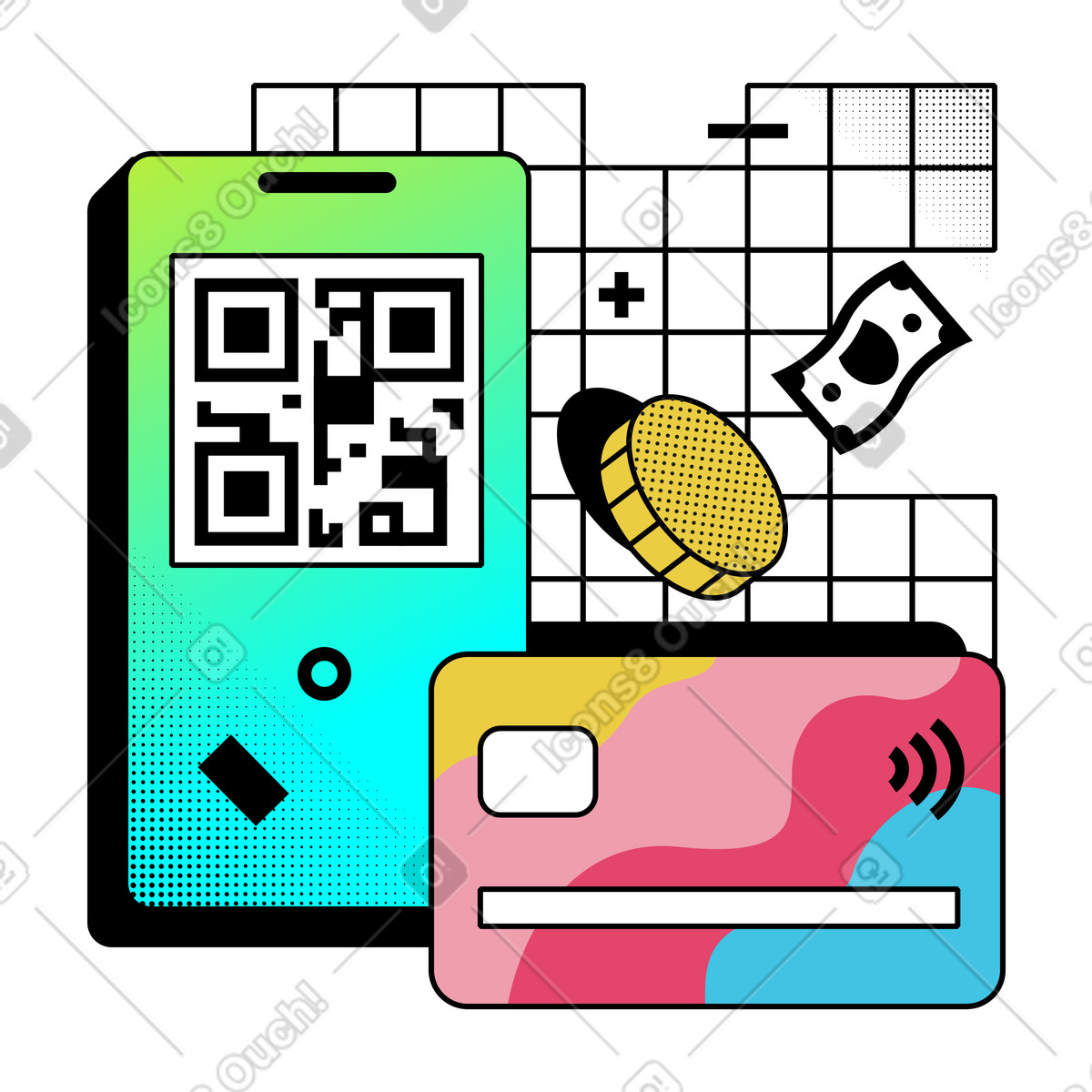 Payment methods illustration featuring cash, card, and QR code clipart for projects