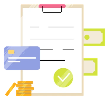 A clipboard with financial documents and currency - Juicy style illustration