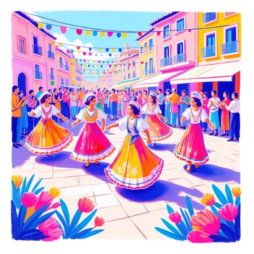 A cultural festival scene with sharp illustrations of traditional dancers and colorful costumes.