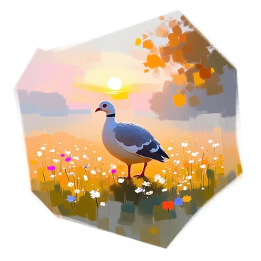 A peaceful morning scene featuring a guinea fowl wandering through a dewy grass field. The sun is rising on the horizon, casting a warm golden light across the landscape. The guinea fowl has mottled gray and white feathers, and it is pecking at the ground, foraging for seeds. Soft shadows are cast by nearby trees, and the sky is painted in pastel hues of pink and orange as the day begins. Delicate wildflowers dot the grassy area around the bird, adding splashes of color to the serene setting.