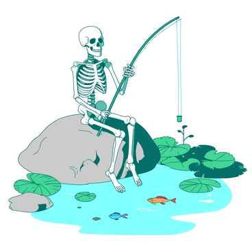 A white skeleton is sitting on a large rock beside a pond. The skeleton is holding a teal fishing rod, with the line cast into the water. There are small ripples on the pond's surface, indicating movement. Around the pond, vibrant green lily pads float, and a few colorful fish can be seen just below the water. The skeleton has a relaxed posture, with its legs crossed comfortably and a content expression on its skull. The sun shines brightly, casting reflections on the water, enhancing the tranquil atmosphere of the scene.