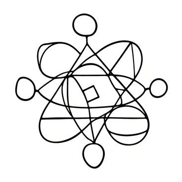 A series of interlocking geometric shapes in a complex pattern, created through precise line drawing. The shapes include triangles, squares, and circles, overlapping in a harmonious arrangement. Each shape is outlined clearly, showcasing their angles and curves. The pattern radiates outward, with some shapes larger while others are smaller, creating a sense of depth and intricacy. The background is left blank to emphasize the detailed line work of the geometric design.