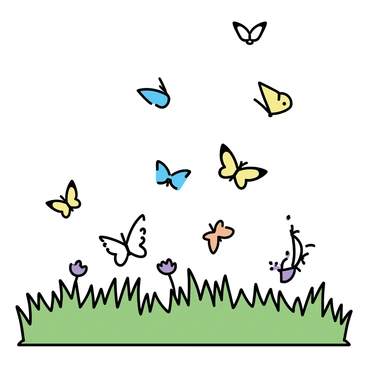A swarm of butterflies, with varying patterns and colors including orange, blue, and yellow, fluttering gracefully over a vast green meadow. The grass in the meadow is lush and vibrant, with some wildflowers peeking through in shades of purple and white. The scene captures the movement of the butterflies as they dance in the air, creating a dynamic and lively display against the backdrop of the meadow.