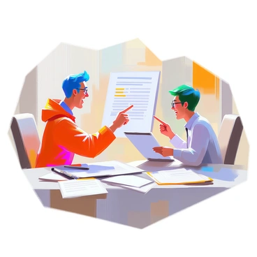 Two animated characters are engaged in a lively debate while pointing at sections of a contract. One character is a tall individual with bright blue hair and wearing a red jacket, emphasizing a point with a finger directed at a highlighted clause. The other character is shorter, with green hair and wearing glasses, holding a clipboard while gesturing towards a different section of the contract. The two characters are surrounded by papers and a large table, showcasing a dynamic atmosphere filled with enthusiasm and energy.