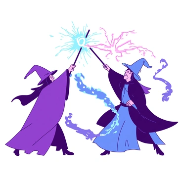Two wizards are engaged in a fierce wand duel in a dynamic pose. One wizard, dressed in a flowing purple robe, raises his wand high, casting a vibrant spell that emits bright sparks in the air. The other wizard, adorned in a deep blue cloak, counters with a powerful spell of his own, creating a swirling vortex of energy that crackles with intensity. The background is filled with glowing sparks and trails of magical energy, highlighting the tension of their duel.