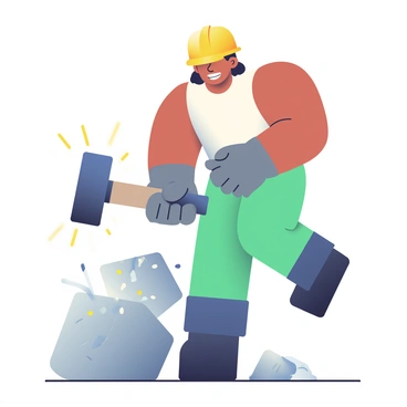 A worker with medium skin tone is wearing a yellow safety helmet and gray work gloves. He is striking a large, rough gray rock with a heavy black sledgehammer. His muscles are tense, showing effort as he swings the hammer down. The point of impact is clearly visible, with visible cracks spreading from the strike. Debris and dust are flying off the rock from the force of the impact. The worker's feet are firmly planted on the ground, and he has a focused expression on his face, illustrating determination and strength.