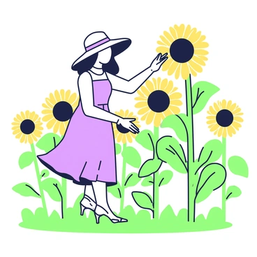 A girl is standing in a field surrounded by towering sunflowers. She is wearing a large sunhat that casts a shadow over her face. Her dress is flowing and complements the vibrant sunflowers around her. The sunflowers stand tall with their bright faces turned towards the sun. The girl is reaching out to touch one of the sunflowers, her fingers gently brushing the petals. The background is filled with more sunflowers, creating a beautiful and harmonious scene.