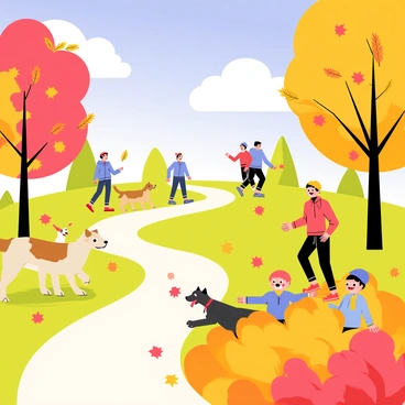 A bright autumn day with a clear blue sky and fluffy white clouds. Trees with vibrant orange, red, and yellow leaves are scattered throughout the scene. Leaves are gently falling from the branches, creating a colorful carpet on the ground. A group of people is walking their dogs along a winding path. Some dogs are medium-sized with fluffy fur, while others are small and energetic. Nearby, children are joyfully jumping into large piles of leaves, their laughter filling the air. The children are wearing warm jackets and colorful hats, with some leaves flying around them as they play.