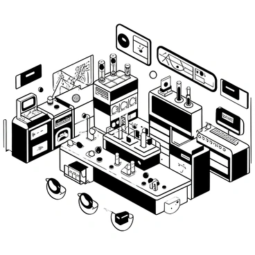 A futuristic laboratory filled with various high-tech gadgets and gizmos. There are sleek, metallic tables equipped with multiple screens displaying data and graphs. Various robotic arms are positioned around the room, some actively manipulating components while others are resting. A large central console has numerous buttons and blinking lights, surrounded by intricate machinery. Transparent tubes are mounted on the walls, containing glowing substances. On one side, a virtual interface hovers in mid-air, showing complex schematics. The overall atmosphere is filled with a sense of advanced technology and precision.