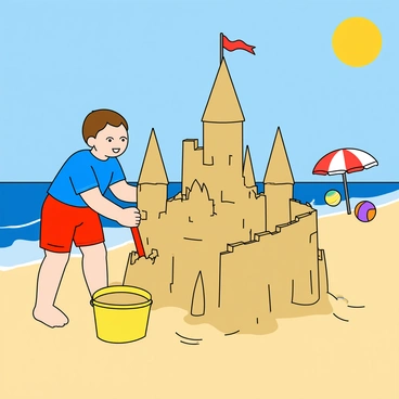 A young boy with light skin and short brown hair is excitedly building an elaborate sandcastle on a sunny beach. He is wearing a bright blue t-shirt and red swim trunks, with a yellow bucket beside him. The sandcastle has tall towers, intricately sculpted walls, and a flag perched on top. The boy is using a small red shovel, and his hands are covered in sand as he works diligently. In the background, the ocean waves gently lap at the shore, and a few colorful beach balls and a striped umbrella can be seen nearby. The sun is shining brightly in a clear blue sky, enhancing the cheerful atmosphere of the scene.