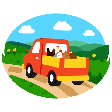 A colorful truck with a bright red body and yellow accents is loaded with lively chickens. The chickens are perched on the back of the truck, their feathers showcasing a mix of white, brown, and black. The truck is moving along a bumpy rural dirt road that is bordered by green grass and wildflowers. In the distance, there are rolling hills under a clear blue sky, and a few fluffy white clouds float gently above. The scene evokes a sense of fun and liveliness as the truck travels through the countryside.