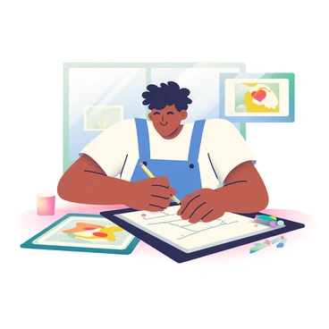 An illustration artist with medium skin and curly dark hair is seated at a wooden drawing table, focused on creating a personalized piece for a client. The artist is wearing a white t-shirt and denim overalls. In front of them is a large sketchbook opened to a blank page, with colorful pencils and brushes scattered around. On the table, there is a digital tablet displaying a reference image based on specific client requests. The artist’s right hand is holding a pencil, while their left hand is gently guiding the paper. A window behind them allows natural light to illuminate the workspace, highlighting a few framed art pieces on the wall. A coffee cup sits nearby, adding a cozy touch to the scene.