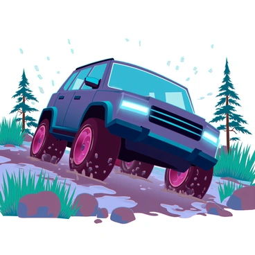A rugged crossover SUV with a matte black finish and large all-terrain tires is navigating a challenging off-road trail. The vehicle is partially submerged in mud, with splashes of brown muck flying around as it maneuvers over a rocky surface. The SUV's headlights are illuminated, casting a bright light onto the wet ground ahead. Surrounding the trail, tall green grass and scattered boulders frame the scene, while distant trees provide a natural backdrop. The sky overhead is overcast, suggesting a recent rain, adding to the muddy conditions on the trail.