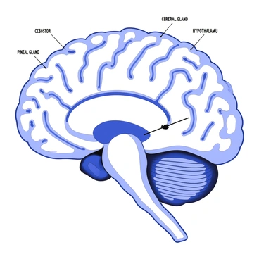 A detailed anatomical illustration of the brain is presented, showcasing various regions and structures. The brain is depicted from a lateral view, with distinct features such as the cerebral cortex, cerebellum, and brainstem. The pineal gland is highlighted in the center, clearly labeled with a line pointing towards it. Surrounding anatomical features, like the thalamus and hypothalamus, are accurately represented, providing context to the pineal gland's location. The illustration includes labels for key parts, enhancing the educational aspect of the image.