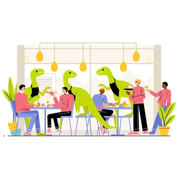 A quirky cafe with a lively atmosphere featuring several velociraptors as waiters. The velociraptors are wearing small black aprons and holding trays with colorful dishes. Patrons are sitting at round tables, enjoying their meals while looking amused at the dinosaur waiters. There are palm trees in pots around the cafe, and the walls are adorned with playful dinosaur-themed artwork. The ceiling has whimsical hanging light fixtures shaped like dinosaur eggs, adding to the cafe's unique charm.