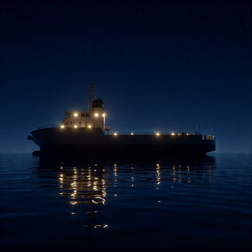 A bunker barge with a sturdy hull, featuring a dark blue color and a large deck. The barge is equipped with several deck lights casting a warm glow, illuminating the deck area and creating reflections on the calm water surface. The night sky is filled with countless stars, shining brightly against a deep navy backdrop. The silhouette of the barge stands prominently against the twinkling stars, enhancing the tranquil yet captivating atmosphere of the scene.