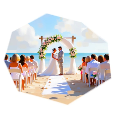 A wedding ceremony is taking place on a sandy beach, with a gentle blue ocean in the background. An arch made of white fabric and delicate flowers is set up at the front, adorned with shells and greenery. A couple stands beneath the arch, dressed in elegant wedding attire. The bride wears a flowing white gown, while the groom is in a light-colored suit. Guests are seated on white chairs arranged in neat rows on the sand, some holding small bouquets of flowers. The scene is filled with soft, warm sunlight illuminating the joyful atmosphere.