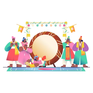 A traditional ceremony is taking place, with a large dholak prominently positioned in the center. The dholak is made of finely crafted wood, showcasing intricate carvings, and is covered with vibrant, colorful skins. Surrounding the dholak, there are several people dressed in traditional attire, each wearing bright, ornate garments with detailed embroidery. Some individuals are playing the dholak, while others are clapping their hands and dancing joyfully. In the background, decorative banners and garlands of flowers create a festive atmosphere. The ground is adorned with colorful rugs, adding to the richness of the scene.