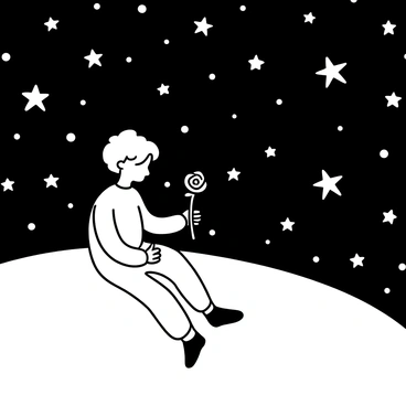 A small figure sitting on a grassy hill, surrounded by numerous twinkling stars scattered across the sky. The figure has short hair and is wearing a simple outfit. In one hand, the figure is gently holding a rose, while the other hand rests on the knee. The hill slopes gently, and the atmosphere is serene with a sense of wonder. The stars vary in size and brightness, creating a whimsical pattern across the night sky.