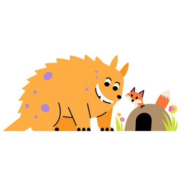 The Gruffalo, a large, furry creature with orange-brown fur and purple wart-like spots, is joyfully interacting with a sly fox. The Gruffalo is crouching down with a friendly expression, showing its impressive stature compared to the smaller fox. The sly fox, with a reddish-orange coat, white underbelly, and bushy tail, is playfully peeking out from behind a nearby burrow. The burrow is a small, dark hole in the ground surrounded by green grass and a few colorful wildflowers. The scene captures a lighthearted moment between the two characters, with the Gruffalo and fox exchanging playful gestures.