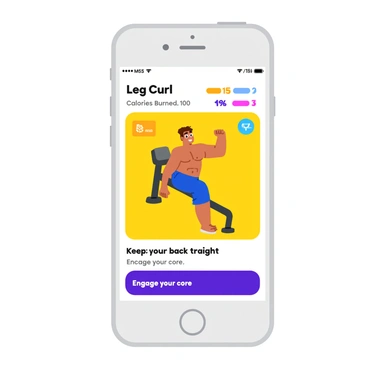 A mock-up of a fitness app displayed on a smartphone screen. The app shows a "Leg Curl" exercise illustration, featuring a cartoon-style character performing the leg curl on a machine. The character has muscular legs and is focused on the exercise. To the side, there are colorful stats showing "Reps: 15", "Sets: 3", and "Calories Burned: 100". Below the exercise, there are tips in bright text that say "Keep your back straight" and "Engage your core". The overall layout is vibrant and user-friendly, with clear buttons and a lively background color.