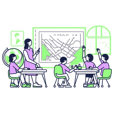 A classroom filled with children actively engaged in learning about earthquakes. In the center, a large poster displays a detailed diagram of an earthquake's epicenter, with arrows indicating seismic waves radiating outward. Children are seated at desks, some raising their hands to ask questions. A teacher stands at the front, pointing to the diagram with a pointer, explaining the concept. On one side of the room, a globe with highlighted tectonic plates is visible. Various educational materials, such as books and models, are scattered across the desks. A window shows a sunny day outside, creating a bright learning environment.