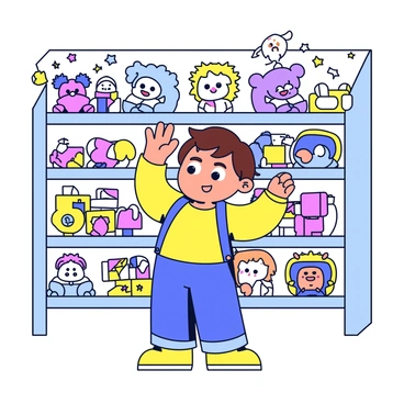 A young child with wide eyes is standing in a toy store, gazing in amazement at the colorful array of toys displayed on the shelves. The child is wearing a bright yellow shirt and blue overalls, with short brown hair. The shelves are filled with a variety of toys, including plush animals, building blocks, and action figures, all presented in vibrant colors. The background features a playful design with cartoon characters and cheerful patterns that enhance the joyful atmosphere of the store.