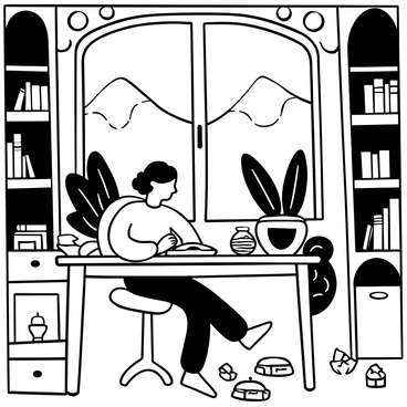 A man with dark hair is seated at a wooden desk, writing in a journal. The room is furnished with bookshelves filled with various books. He is surrounded by scattered papers and a quill lying next to an inkpot. Through a large window, the majestic outlines of the Swiss Alps are visible, towering in the background. The window frame has intricate wood carvings, and the light coming in casts shadows on the desk. A few scattered candles are illuminating the scene, adding a sense of focus to the man's work.