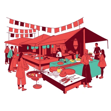 A red market scene is filled with various stalls showcasing foods and crafts from different cultures. There are colorful banners hanging above each stall, fluttering in the air. A teal stall displays fresh fruits and vegetables, while another features intricately woven baskets and handmade textiles. People of diverse backgrounds are interacting, some examining products, while others are engaged in conversation. In the background, a vendor is grilling skewers over an open flame, and the aroma of spices fills the air.