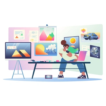 A digital art studio is filled with vibrant colors and technology. In the foreground, multiple screens display various virtual paintings, showcasing a mix of abstract and realistic styles. One screen exhibits a detailed landscape painting with mountains and a sunset, while another highlights a colorful abstract design. In addition, another screen shows a 3D model of a futuristic vehicle, with intricate details and shading that create depth. The walls of the studio are adorned with sketches and concept art, adding to the creative atmosphere. A large table in the center is scattered with drawing tablets and styluses, indicating an active workspace. The lighting is bright and focused on the screens, emphasizing the digital creations.